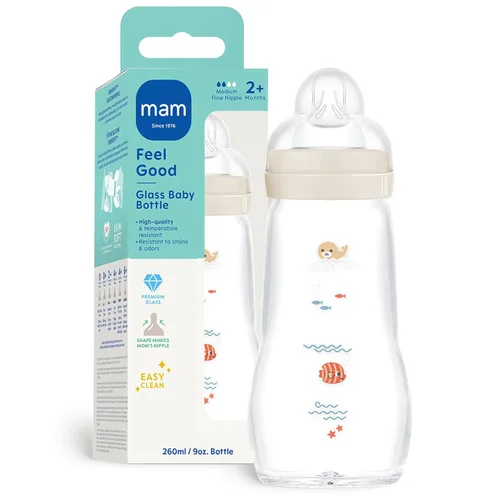 Miniatura 12 de MAM Biberón de cuello ancho anticólicos de vidrio puro Feel Good de 9 onzas, pezón de silicona suave de flujo medio, fácil de limpiar, sin BPA, más