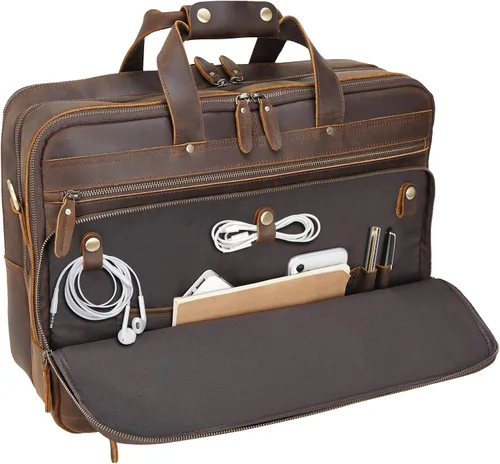 Miniatura 4 de Polare - Maletín de cuero de grano completo XL de 18 pulgadas para hombres, maletín de viaje de negocios, bolsa de mensajero para portátil de 17.3
