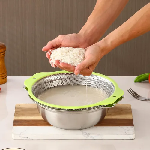 Miniatura 9 de Colador de acero inoxidable microporoso, colador de arroz de 2QT con tazón para mezclar, juego de tazón para lavar arroz con asa, coladores