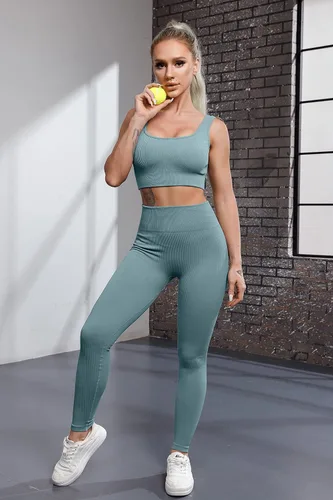 Miniatura 3 de FAFOFA - Conjuntos de entrenamiento acanalados para mujer, 2 piezas, brasier deportivo sin costuras, leggings de yoga de cintura alta