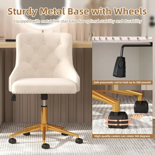 Miniatura 7 de Westice Sillas de escritorio de terciopelo, silla giratoria tapizada de maquillaje cómoda con respaldo copetudo, base de metal dorado y ruedas, Beige