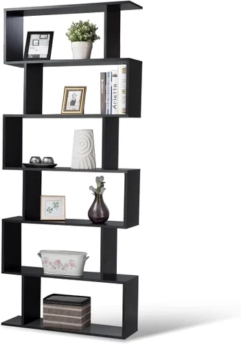 Tangkula Estantería geométrica de 6 niveles, moderna estantería de almacenamiento en forma de S para sala de estar, dispositivo antivuelco, Negro