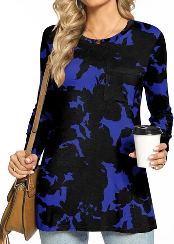 Miniatura 2 de HOTGIFT Blusa de manga larga con cuello redondo para mujer, para otoño, invierno, holgada, cómoda, suave, con bolsillo