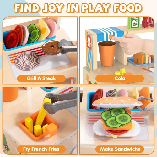 Miniatura 6 de Juegos de comida plegables de madera para jugar, contador de sándwiches con almacenamiento, 56 piezas de juguete de cocina de juego de simulación