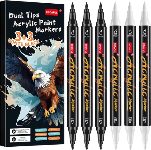 Droaful Marcadores de Pintura Acrílica Blanco Negro, 6 Piezas Marcadores de Pintura Impermeables de Doble Punta Para Pintura en Rocas, Tela, Metal,