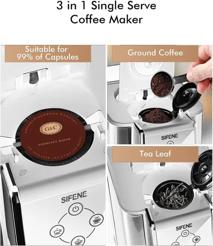 Miniatura 2 de SIFENE Cafetera de una sola porción, cafetera de cápsulas 3 en 1 para cápsulas K-Pod, cafetera molida, cafetera de hojas, taza de 6 a 10 onzas