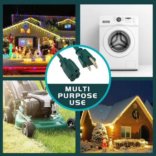 Miniatura 5 de Cable de extensión para exteriores de 10 pies, 16/3 SJTW, cable de extensión verde duradero para luces de Navidad con enchufe de tierra de 3 puntas