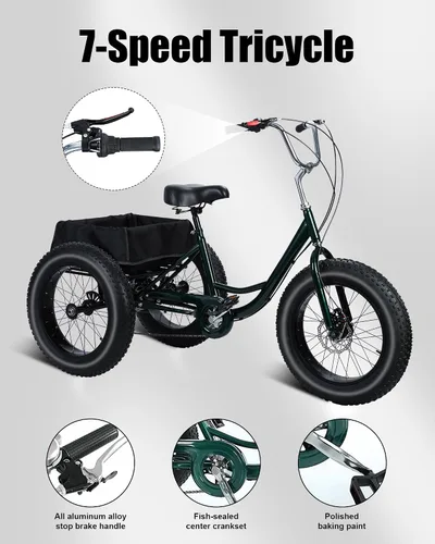 Miniatura 6 de Triciclo para adultos, triciclo de neumáticos gruesos de 20 pulgadas para adultos, 7 velocidades, capacidad de carga de 450 libras, neumáticos de 20