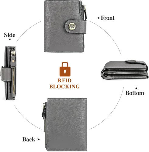 Miniatura 4 de FALAN MULE Cartera pequeña para mujer, de piel auténtica, plegable, compacta, pequeña, con bloqueo RFID, Gris oscuro, Casual