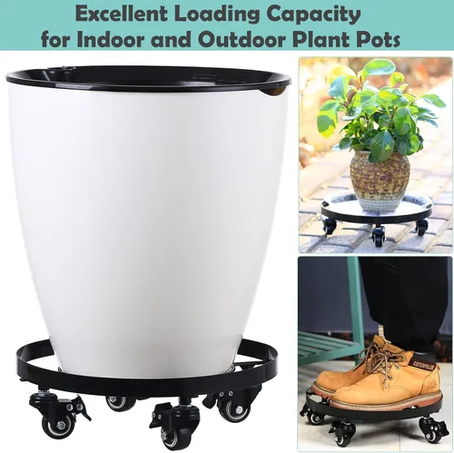 Miniatura 6 de Paquete de 3 posavasos de metal para plantas de 10.6 pulgadas, con ruedas, soporte rodante resistente para plantas con ruedas para interiores y Negro