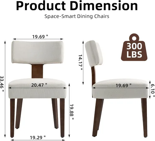Miniatura 2 de Juego de 4 sillas de comedor, sillas de cocina de tela tapizada en madera, silla acolchada de lino sin brazos con respaldo curvo acentuado