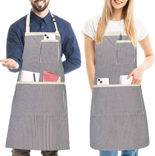 Miniatura 9 de Paquete de 2 delantales de cocina a rayas para hombres y mujeres, delantal ajustable con 3 bolsillos, delantal de chef para cocinar, hornear