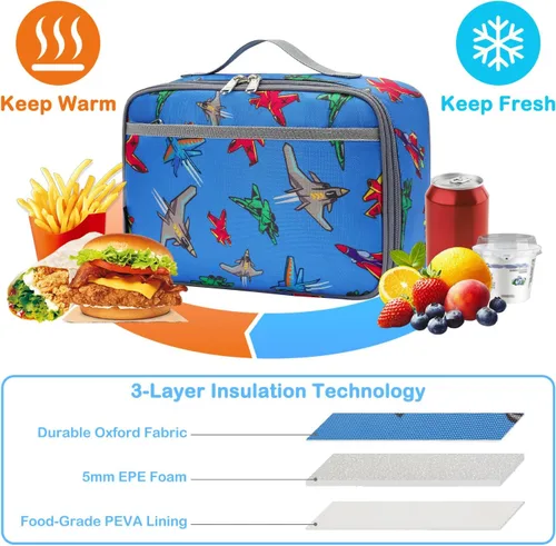 Miniatura 4 de FlowFly Lonchera para niños, bolsa suave aislada, mini hielera para el regreso a clases, kit de bolsa térmica para comidas, para niñas, niños, Avión
