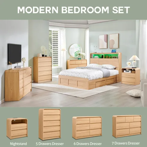 Miniatura 6 de Aitjunz Cómoda moderna de 5 cajones para dormitorio, 114 cm de altura con diseño de perfil curvo, cómoda vertical de madera estilo mediados de siglo