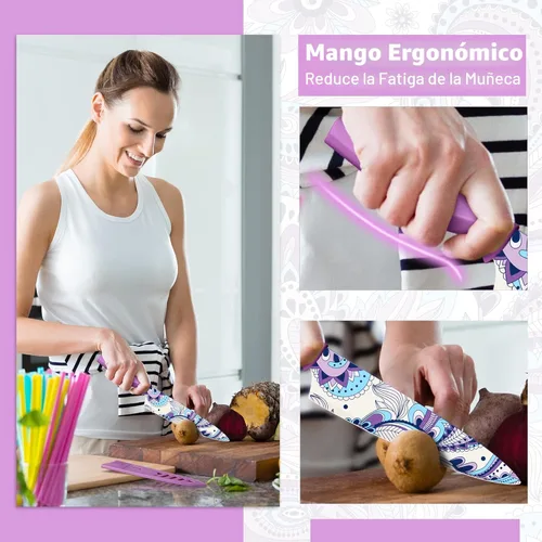 Miniatura 2 de Astercook Juego de cuchillos con diseño de cachemira con tapa, cuchillos coloridos aptos para lavavajillas con 6 fundas de cuchillos, juego