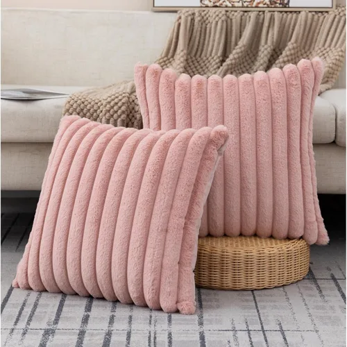 Miniatura 12 de ZLINA Juego de 2 fundas de almohada decorativas de piel sintética color albaricoque, fundas de cojín esponjosas a rayas, 16 x 16 pulgadas
