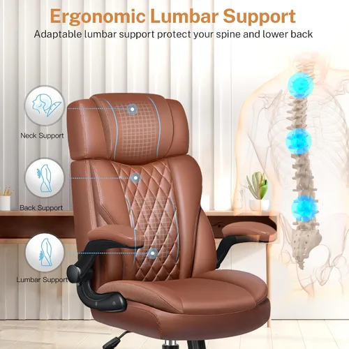 Miniatura 5 de Silla de oficina con brazos abatibles, silla de oficina ejecutiva de cuero ergonómica con soporte lumbar, reposacabezas ajustable, silla
