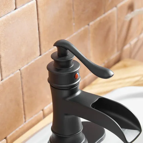 Miniatura 7 de BWE Grifo de baño en cascada negro mate con drenaje desplegable con placa de cubierta de una sola manija para tocador de 1 o 3 agujeros, grifo