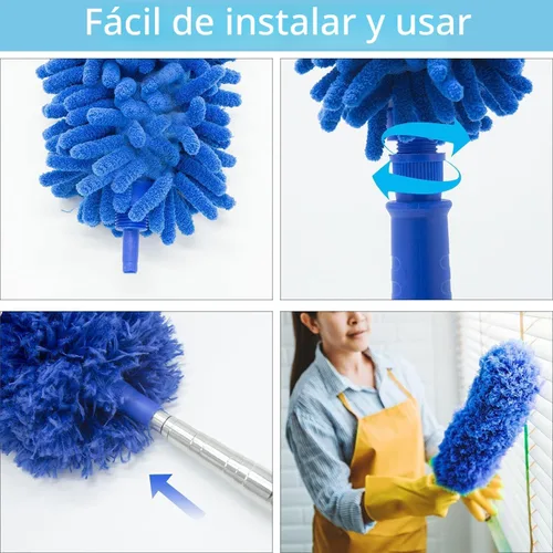 Miniatura 5 de Plumero de telaraña con poste de extensión, kit de plumero de limpieza lavable con 3 cabezales de plumero, plumero de telaraña, cepillo de esquina