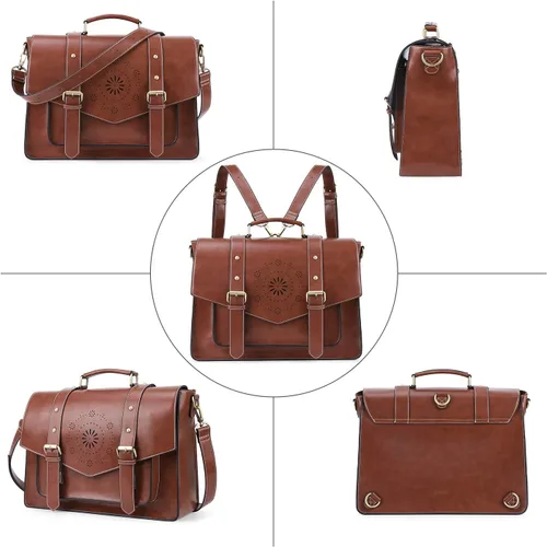 Miniatura 9 de ECOSUSI Mochila para mujer, maletín para computadora portátil, de cuero vegano, bolsas de trabajo para portátiles de 15.6 pulgadas, color café, 15,6