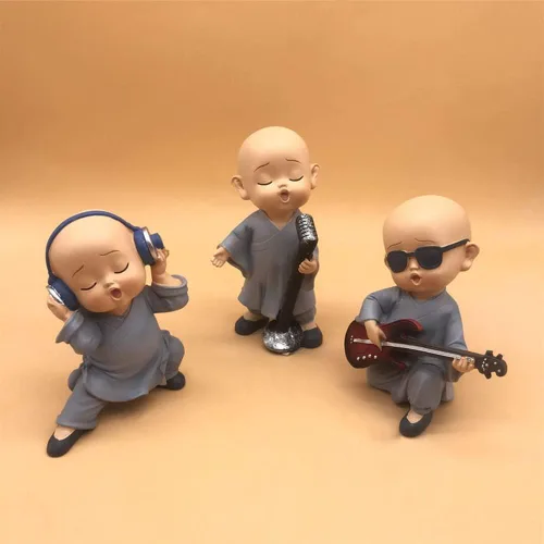 Miniatura 4 de Kingzhuo Estatua de Buda del bebé, estatua de monje de Buda, mini estatua de Buda feliz, juego de tres estantes, mesa de escritorio, decoración