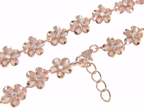 Miniatura 3 de Rosa de Oro 925Plata Hawaiian Fancy Plumeria Flor Tobillera CZ 8mm 9.5" +