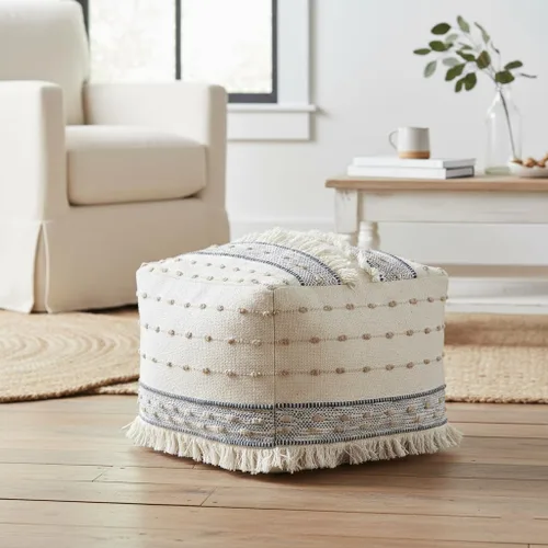 Miniatura 10 de Puf otomano de mezcla de algodón de tejido plano con bloques de color azul/beige para decoración del hogar Reposapiés industrial hecho a mano