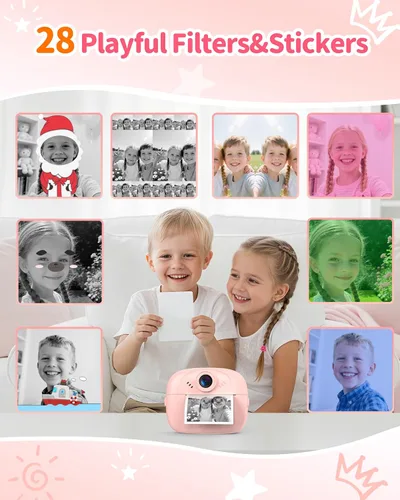 Miniatura 2 de Cámara de impresión instantánea para niños, cámara digital 1080P para niños con tarjeta SD de 32 GB, juguetes para niñas pequeñas, regalos de Rosa