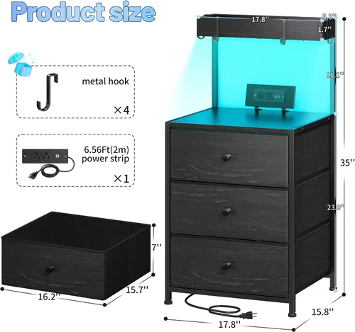 Miniatura 2 de EnHomee Mesita de noche alta con estación de carga y mesita de noche LED con 3 cajones, mesa de noche con cajones y tomas de corriente, mesita