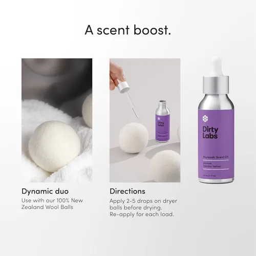 Miniatura 7 de Dirty Labs Aroma Murasaki Aceite de fragancia para lavandería y gotero de vidrio 80mL (2.7 fl oz) Mezcla de jazmín, matcha y vetiver