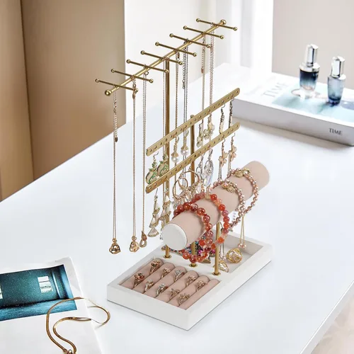Miniatura 5 de JAZUIHA Organizador de joyas de 4 niveles dorado con organizador de collares, aretes, pulsera, caja de anillo, colgador para exhibición