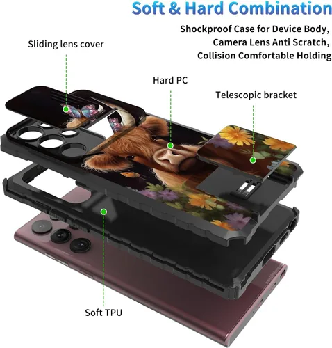 Miniatura 263 de Funda para Samsung Galaxy S22 Ultra 5G, Galaxy S22 Ultra con cubierta de cámara deslizante, funda resistente de doble capa con función atril Black