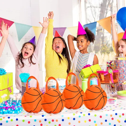 Miniatura 6 de Shihanee 50 piezas de bolsas de baloncesto para fiesta, bolsas de regalo temáticas de pelota, bolsas de golosinas y dulces, bolsos de mano