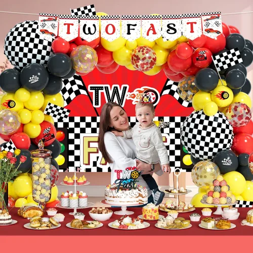 Miniatura 6 de Decoraciones de Cumpleaños Two Fast – 131 Piezas de Suministros para Fiestas de Cumpleaños con Temática de Autos de Carreras con Fondo Two Fast
