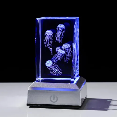 LONGWIN Figuras de medusas de cristal 3D, luz nocturna multicolor, regalos grabados con láser de vidrio para niños y niñas en cumpleaños, Navidad,