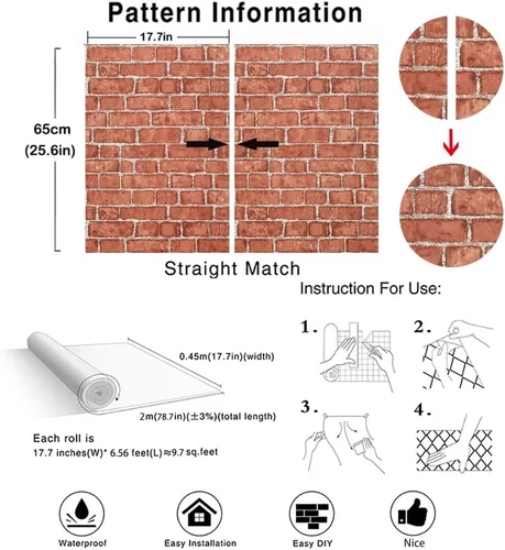 Miniatura 7 de Naphite Papel Tapiz de Ladrillo Rojo Despegar y Pegar Papel de Contacto de Ladrillo Falso 3D para Gabinetes/Cajones Papel Tapiz Autoadhesivo