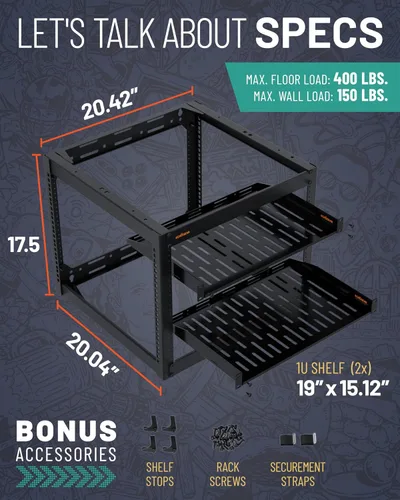 Miniatura 4 de ECHOGEAR Bastidor de red de 10U - Diseño de 4 postes resistente para montaje en pared, con estructura abierta que incluye 2 estantes ventilados