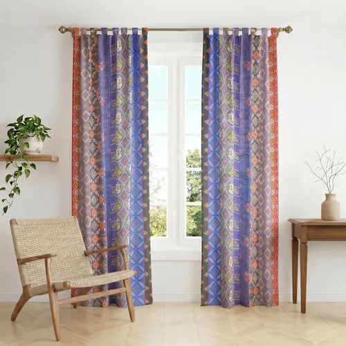 THE ART BOX Cortinas sari de seda azul – Paneles de ventana de retazos bohemios, cortinas de mezcla de seda reciclada india para sala de estar y