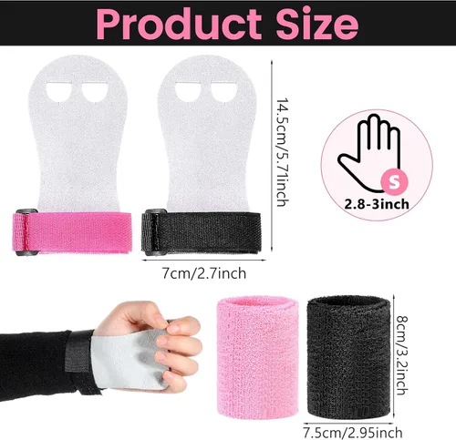 Miniatura 2 de Juego de 2 pares de guantes de gimnasia para bares y niñas, juegos de muñequeras de gimnasia rosa y negro con muñequeras para barra de gimnasia
