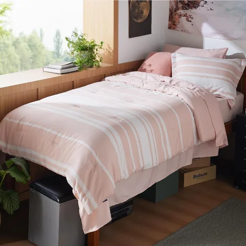 Miniatura 29 de Bedsure Juego de ropa de cama con edredón tamaño individual de 5 piezas, juego de ropa de cama a rayas azules para todas las estaciones, reversible