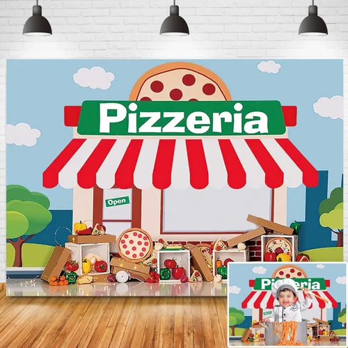 Fondo de fiesta de pizza para niños, tema de cocina, pancarta para fiesta de cumpleaños, pizzería, tienda de comida, verduras, fondo de chef, postre