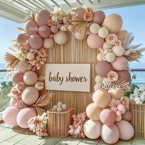 Miniatura 7 de Arco de globos de color rosa claro y beige con doble relleno, color malva, color nude y blanco crema mate, kit de guirnalda de globos para baby Rosa