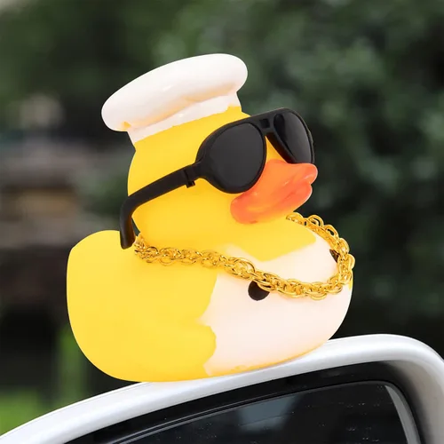 Miniatura 6 de wonuu Adorno de pato de goma para automóvil, accesorios de decoración de tablero de instrumentos con mini collar de anillo de natación y gafas de sol