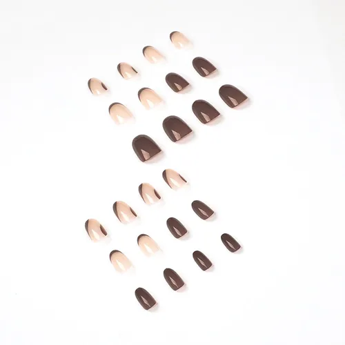 Miniatura 4 de Uñas postizas cortas a presión, uñas postizas de otoño con punta francesa, color marrón, cobertura completa, con diseños de remolinos marrones, uñas