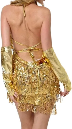 Miniatura 5 de REETAN Falda de vientre de moda con guantes de lentejuelas y borlas, vestido de baile, falda de baile rave, disfraz de rendimiento para mujeres