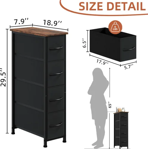 Miniatura 3 de Somdot - Cómoda estrecha con 4 cajones, cómoda delgada con cajones de tela extraíbles para armario, espacios pequeños, baño, dormitorio, lavandería