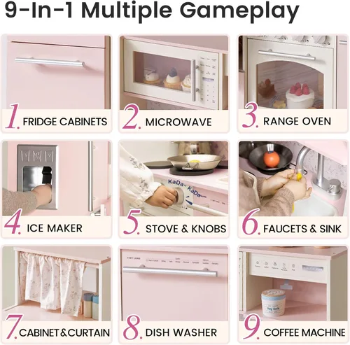 Miniatura 2 de Tiny Land Cocina de juego para niños, juguete de cocina de madera mejorado con áreas de juego completas, juego de cocina de simulación