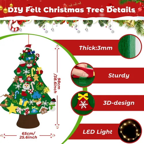 Miniatura 3 de TonJin Juego de árbol de Navidad de fieltro para niños pequeños con cadena de luces LED de 16.4 ft/16.4 pies, 3.2 pies/38.6 in para colgar