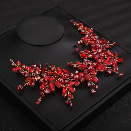 Miniatura 2 de Teyglen Diadema de cristal para el cabello de boda, con cuentas de diamantes de imitación rojos, hecha a mano, rojo, rosa, azul, negro, flores
