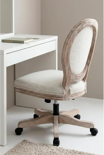 LukeAlon Silla giratoria de lino vintage de 360°, silla de tareas de altura ajustable beige, marco de madera sin brazos, respaldo redondo y ruedas